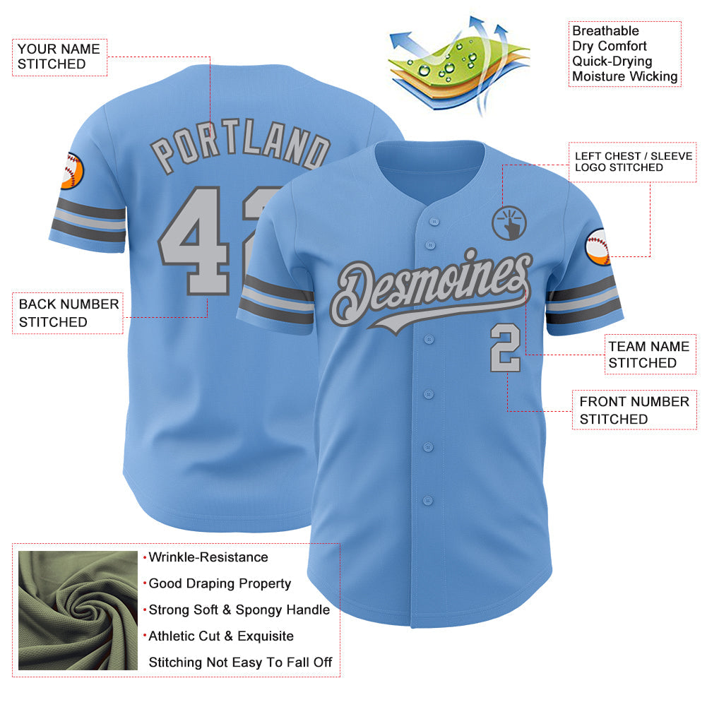 Custom Light Blue Gray-Steel Gray Authentic Baseball Jersey view 3