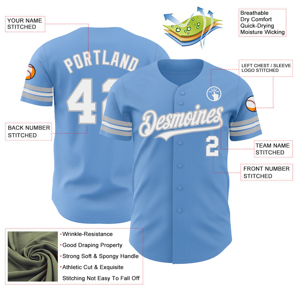 Custom Light Blue White-Gray Authentic Baseball Jersey view 3