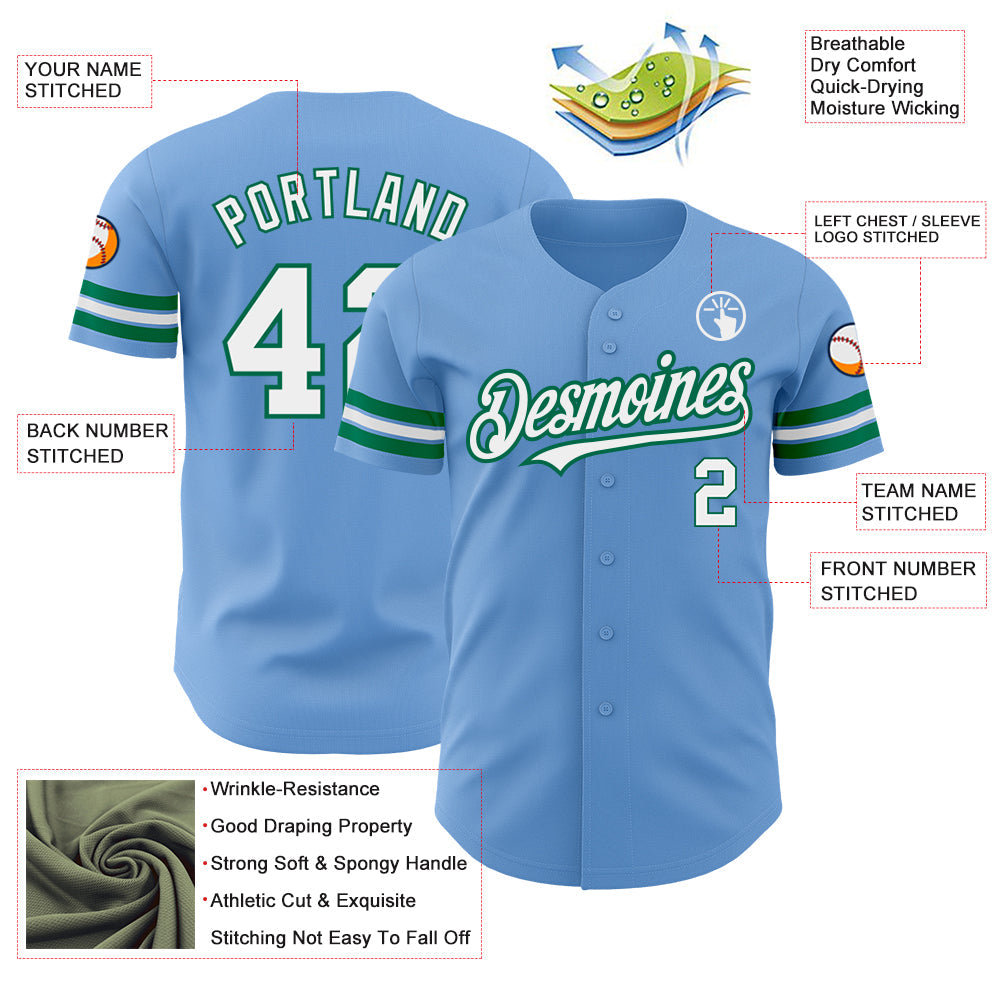 Custom Light Blue White-Kelly Green Authentic Baseball Jersey view 3