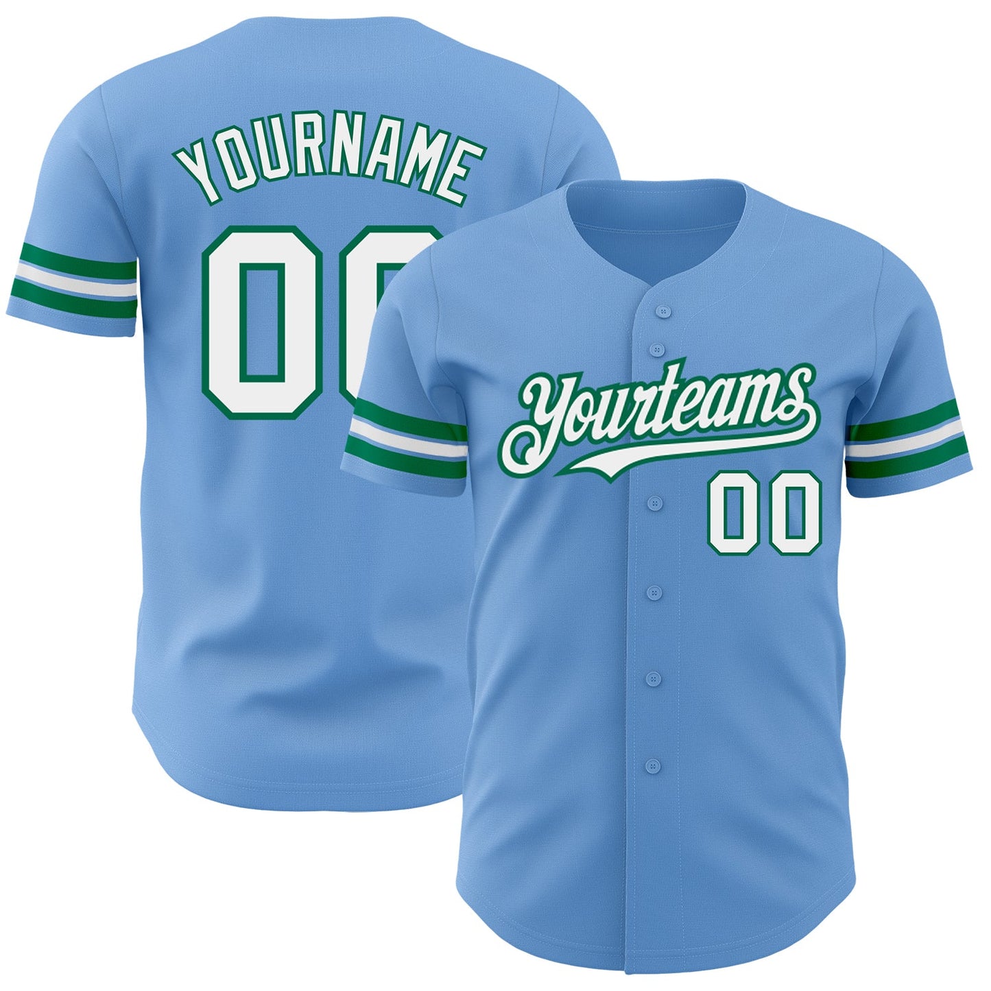 Custom Light Blue White-Kelly Green Authentic Baseball Jersey - Main View