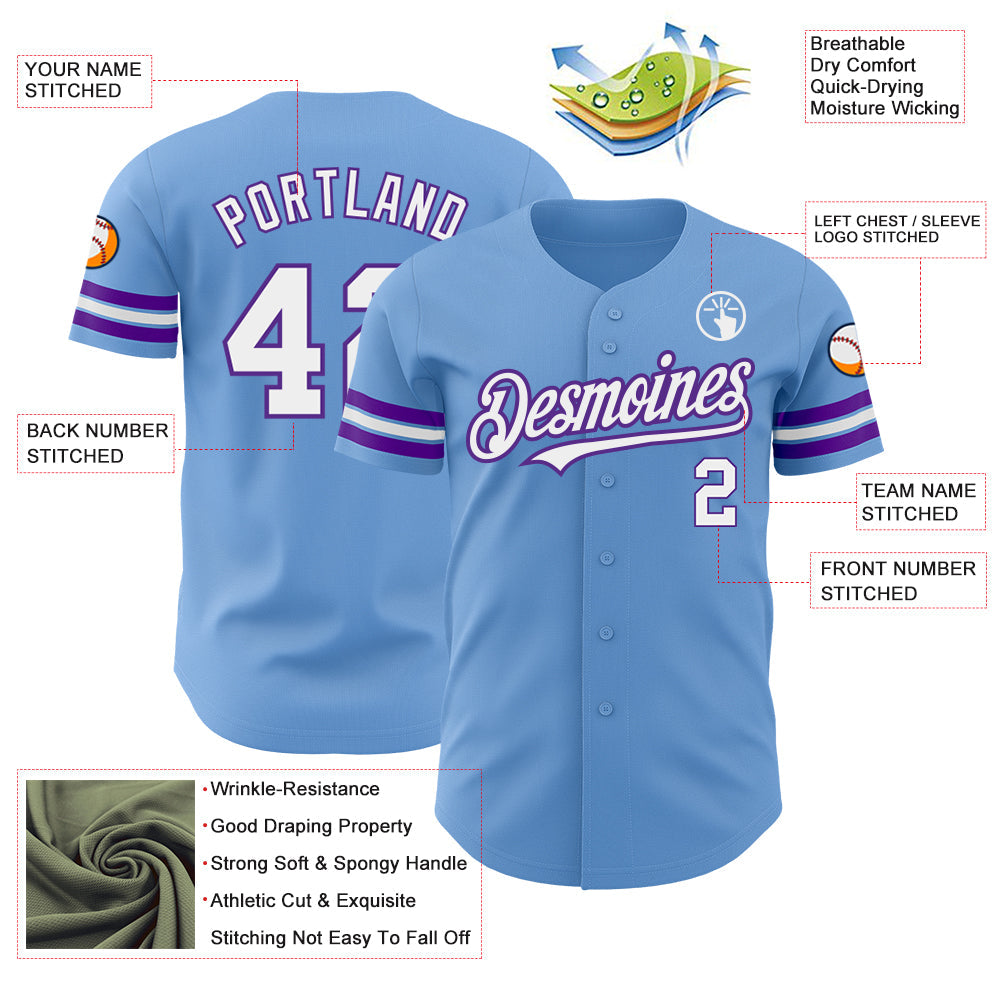 Custom Light Blue White-Purple Authentic Baseball Jersey view 3