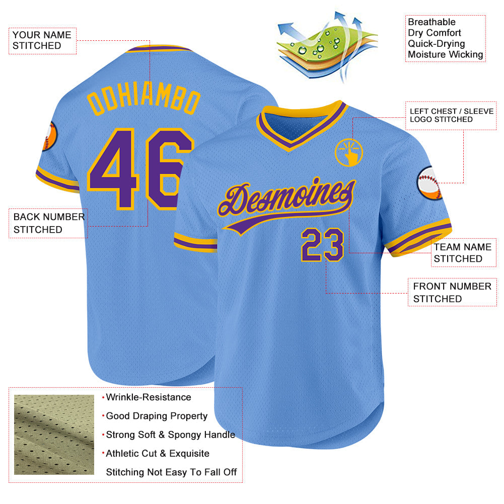 Custom Light Blue Purple-Gold Authentic Throwback Baseball Jersey view 3