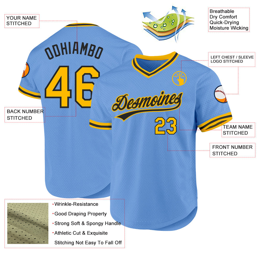 Custom Light Blue Gold-Black Authentic Throwback Baseball Jersey view 3