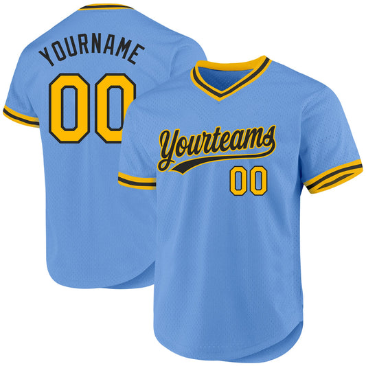 Custom Light Blue Gold-Black Authentic Throwback Baseball Jersey - Main View