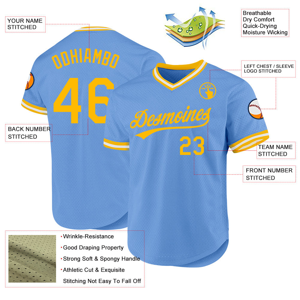 Custom Light Blue Gold-White Authentic Throwback Baseball Jersey view 3