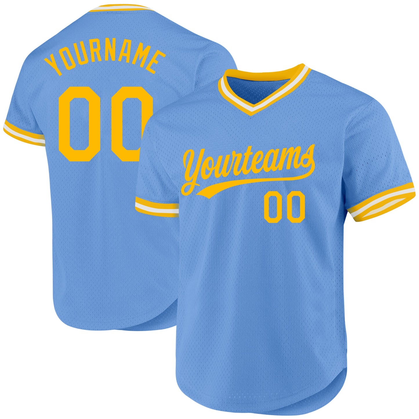 Custom Light Blue Gold-White Authentic Throwback Baseball Jersey - Main View