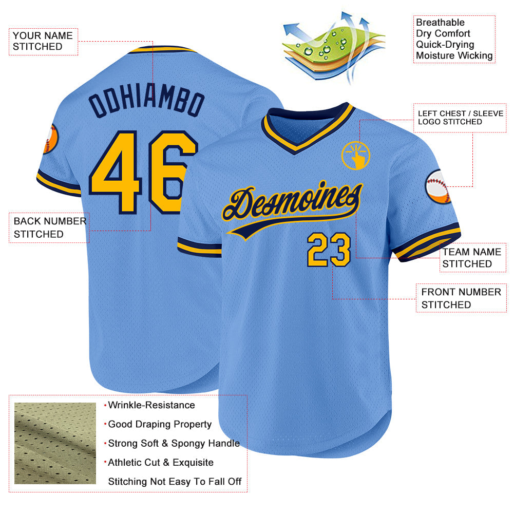 Custom Light Blue Gold-Navy Authentic Throwback Baseball Jersey view 3