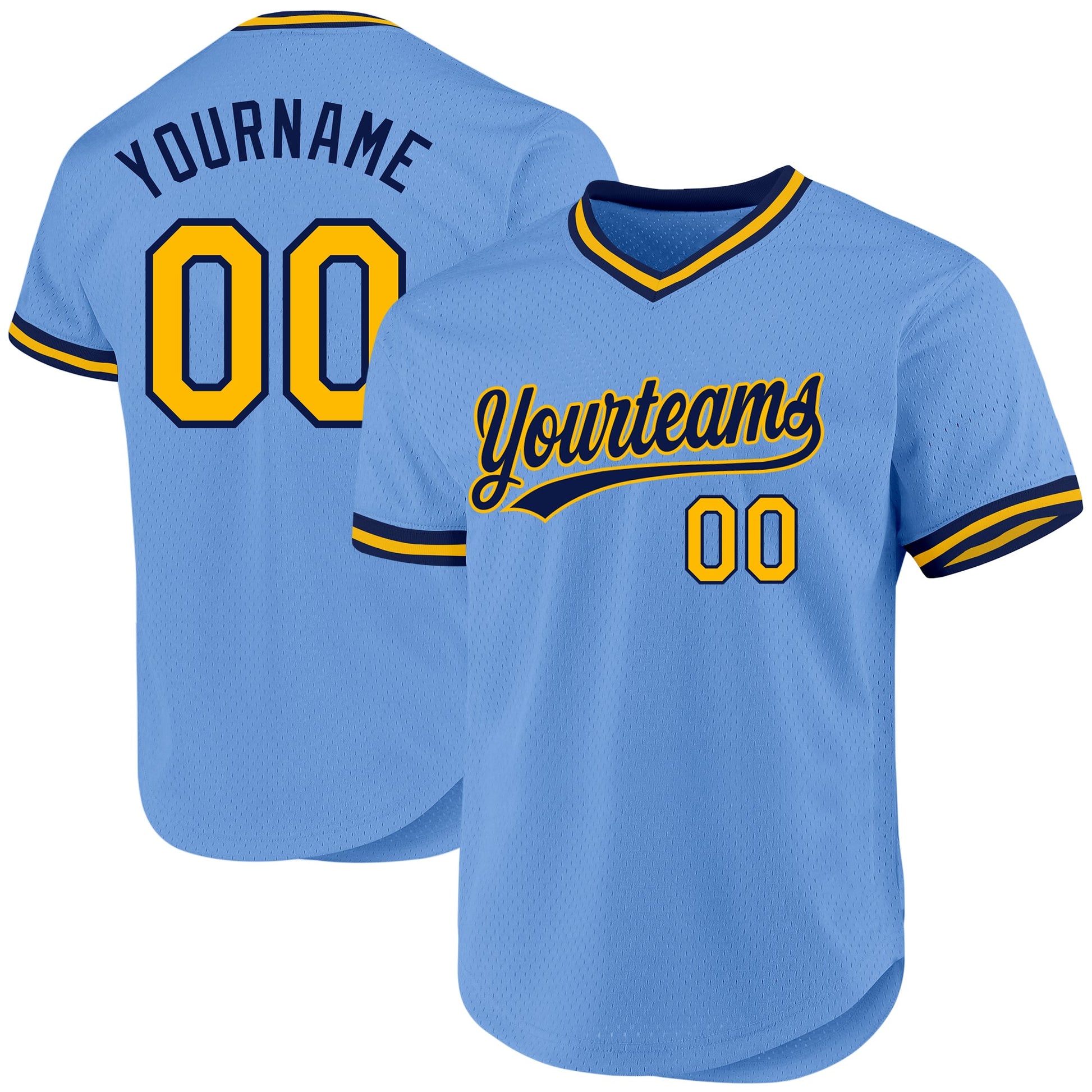 Custom Light Blue Gold-Navy Authentic Throwback Baseball Jersey - Main View