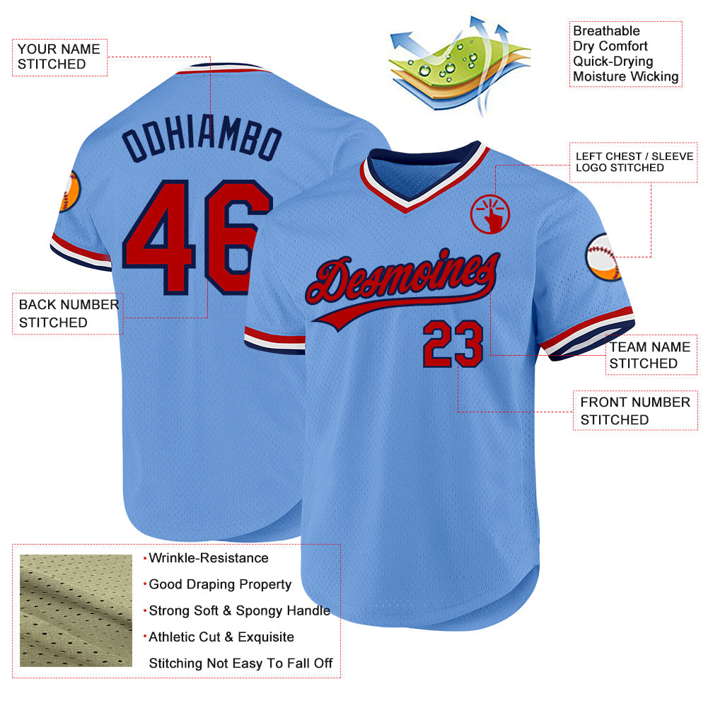 Custom Light Blue Red-Navy Authentic Throwback Baseball Jersey view 3