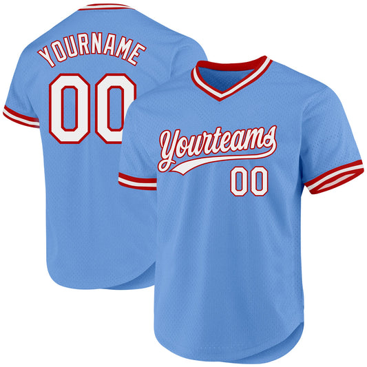 Custom Light Blue White-Red Authentic Throwback Baseball Jersey - Main View