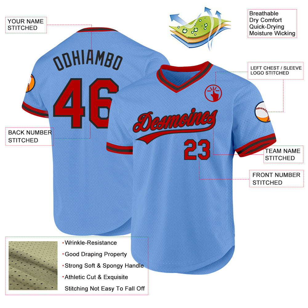 Custom Light Blue Red-Black Authentic Throwback Baseball Jersey view 3