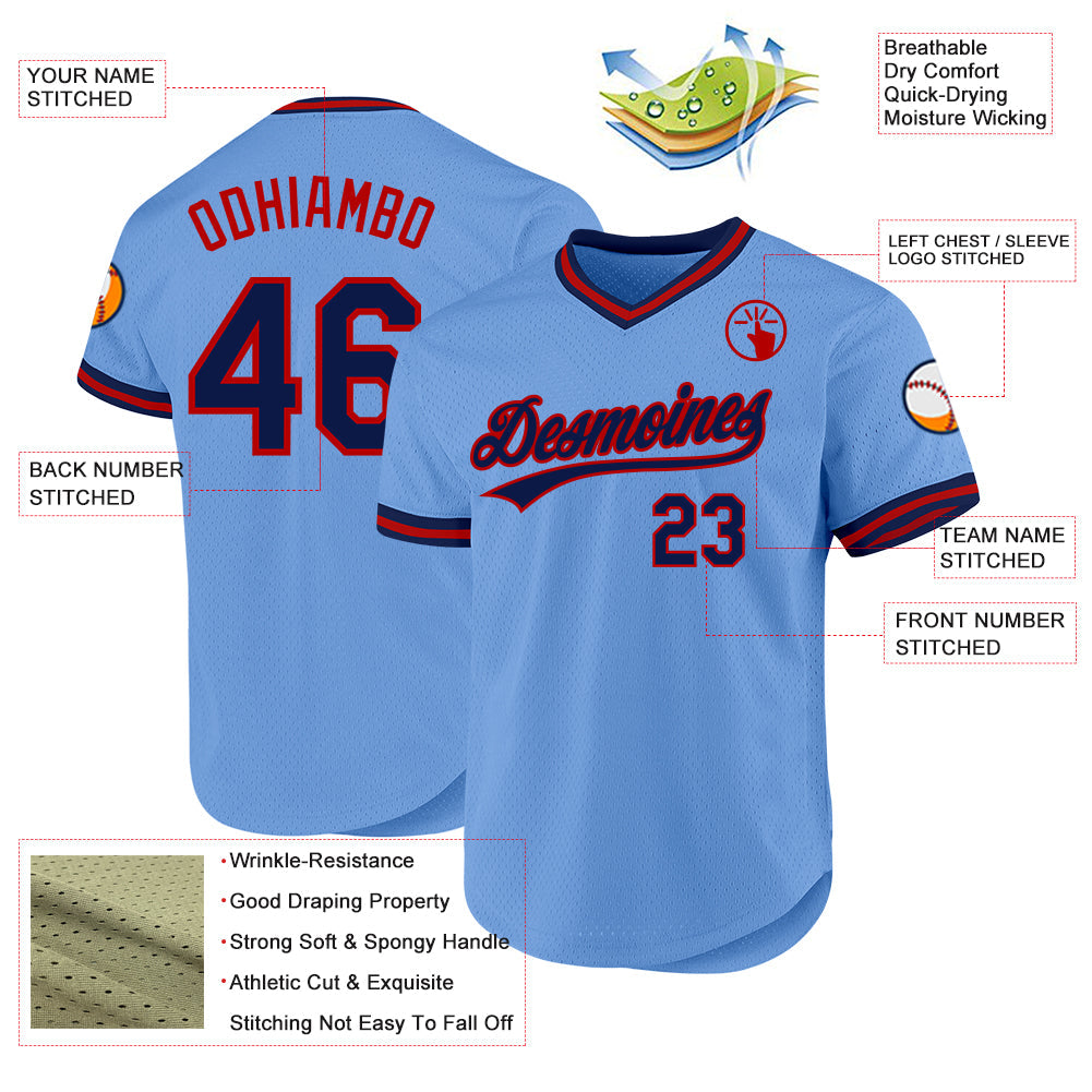 Custom Light Blue Navy-Red Authentic Throwback Baseball Jersey view 3