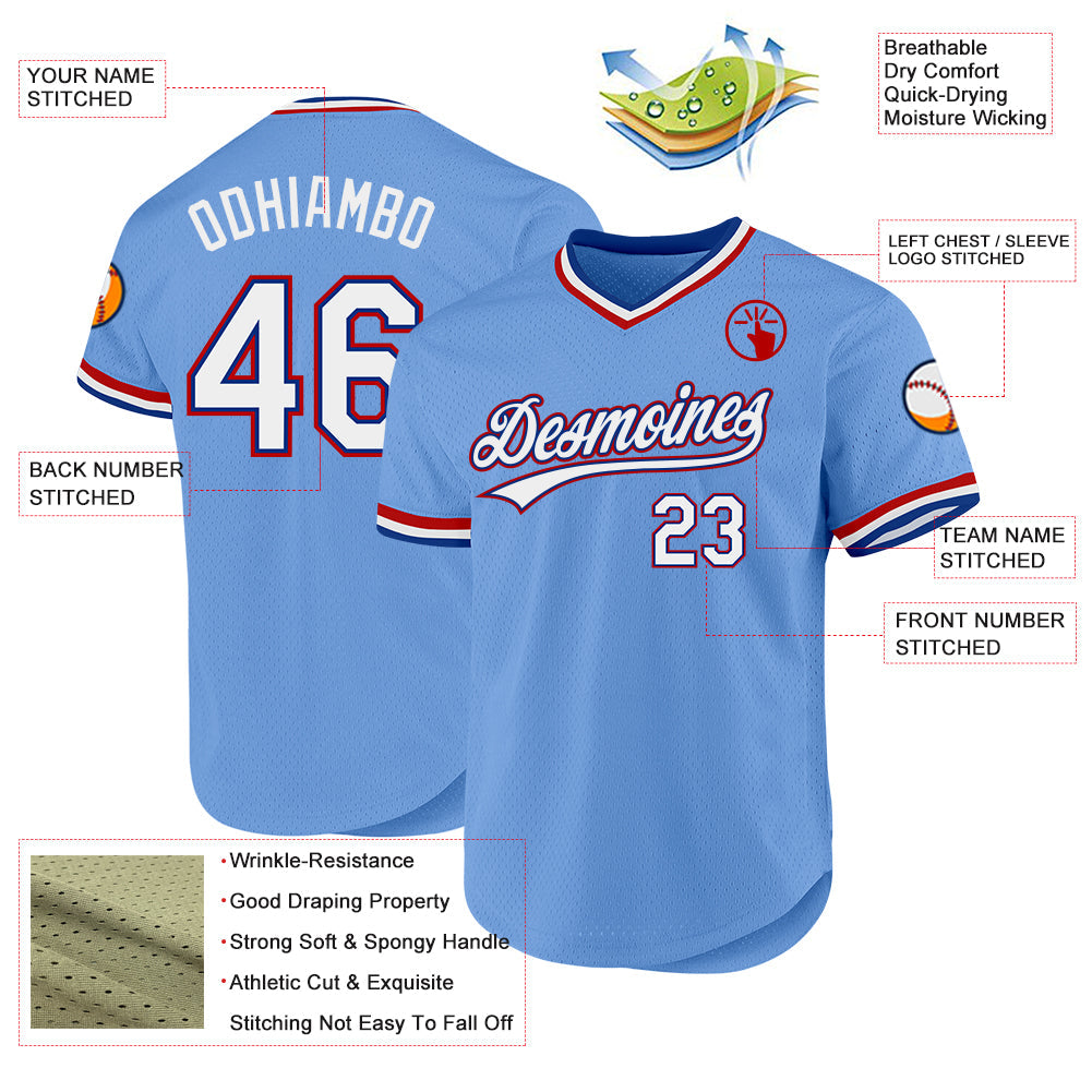 Custom Light Blue Royal-Red Authentic Throwback Baseball Jersey view 3