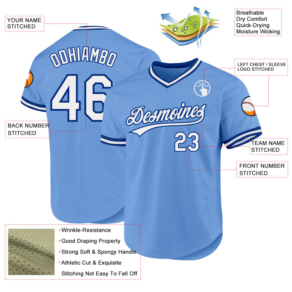 Custom Light Blue White-Royal Authentic Throwback Baseball Jersey view 3
