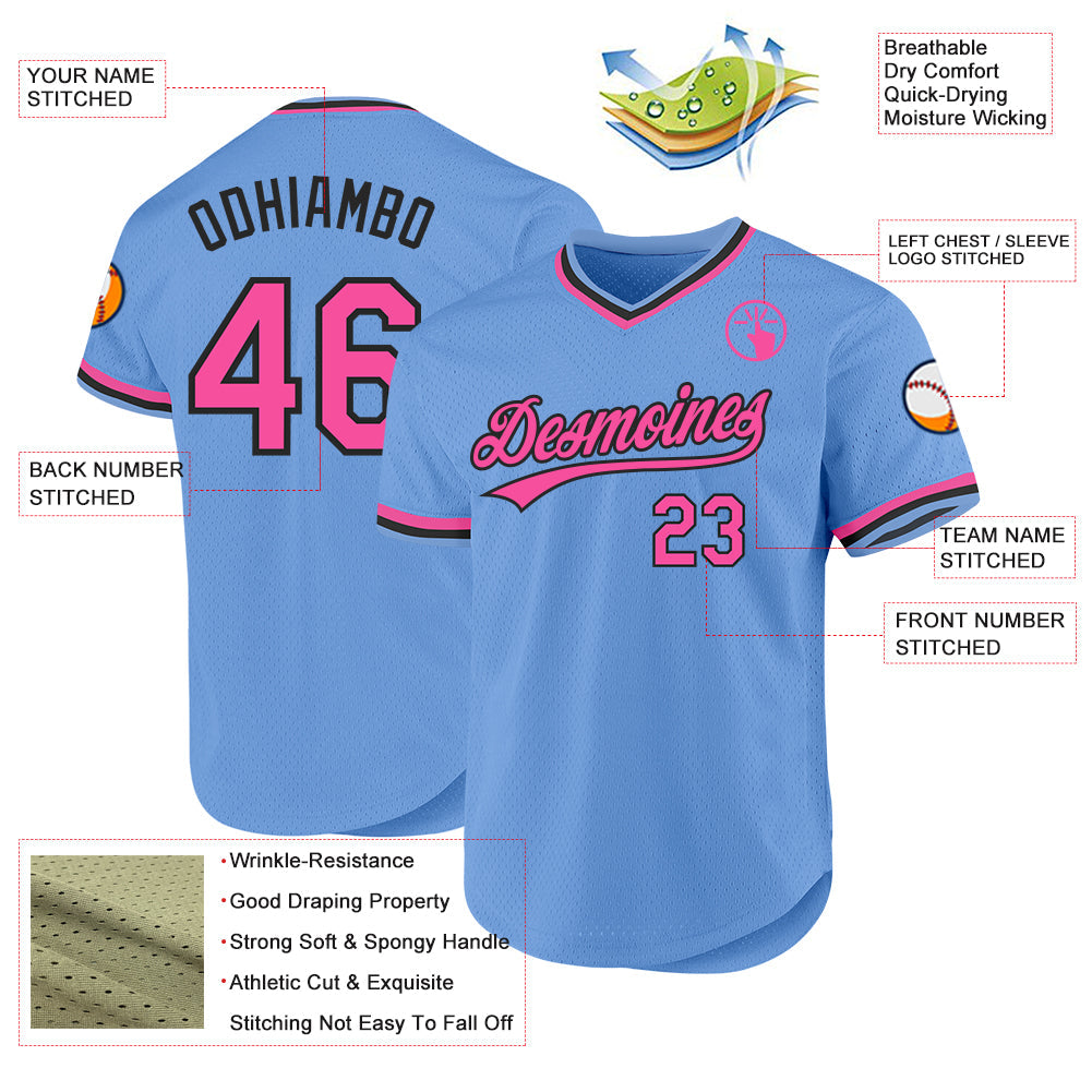 Custom Light Blue Pink-Black Authentic Throwback Baseball Jersey view 3