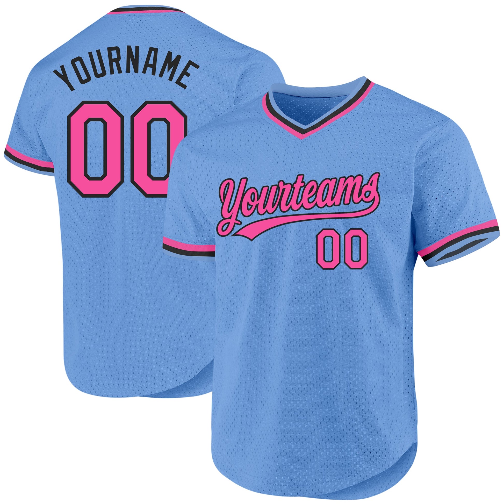 Custom Light Blue Pink-Black Authentic Throwback Baseball Jersey - Main View