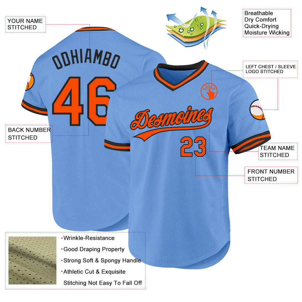 Custom Light Blue Orange-Black Authentic Throwback Baseball Jersey view 3