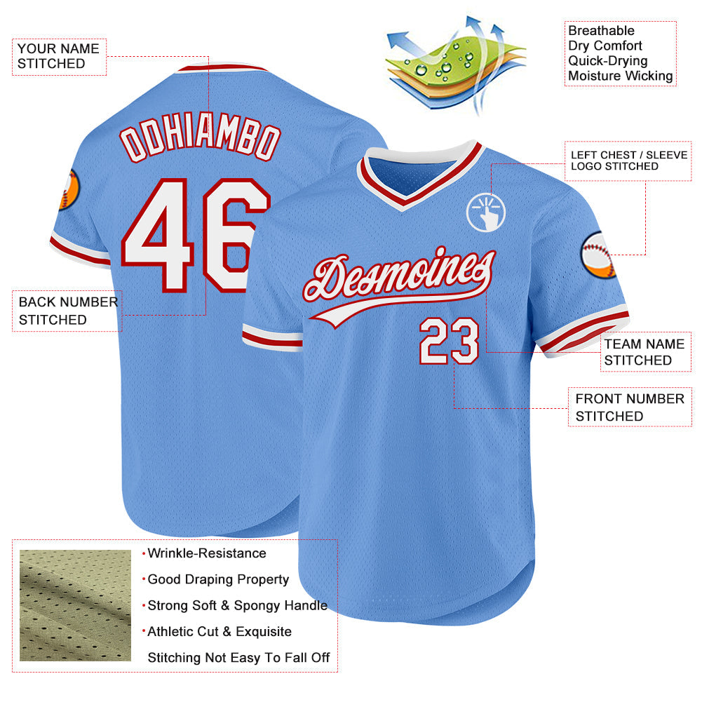 Custom Light Blue White-Red Authentic Throwback Baseball Jersey view 3