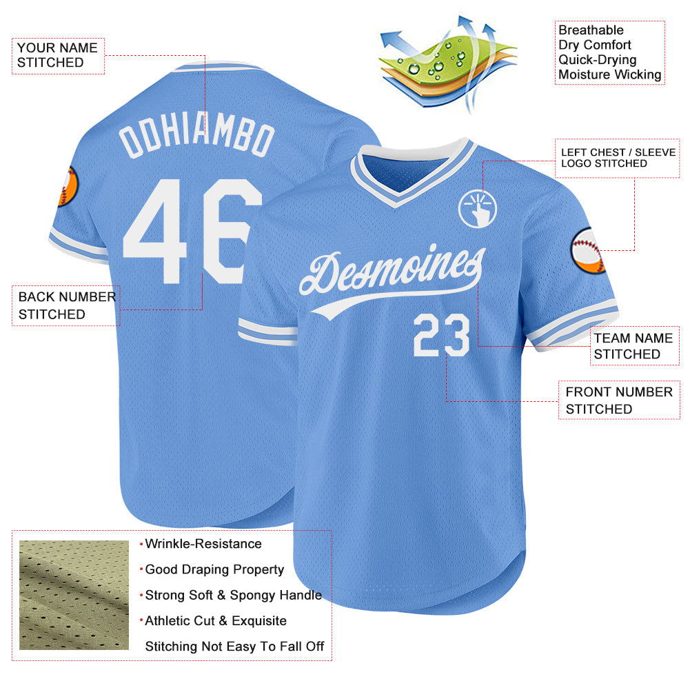 Custom Light Blue White Authentic Throwback Baseball Jersey view 3