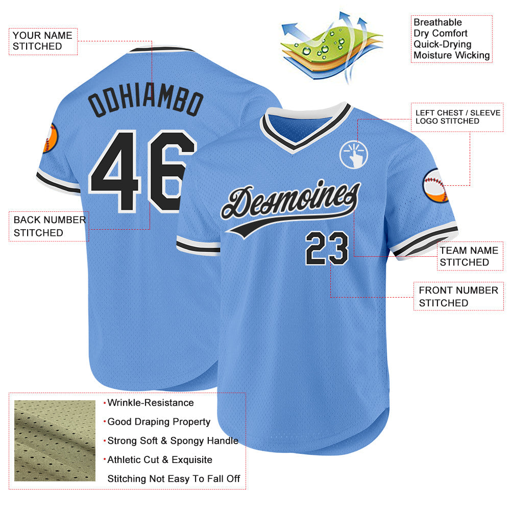 Custom Light Blue Black-White Authentic Throwback Baseball Jersey view 3