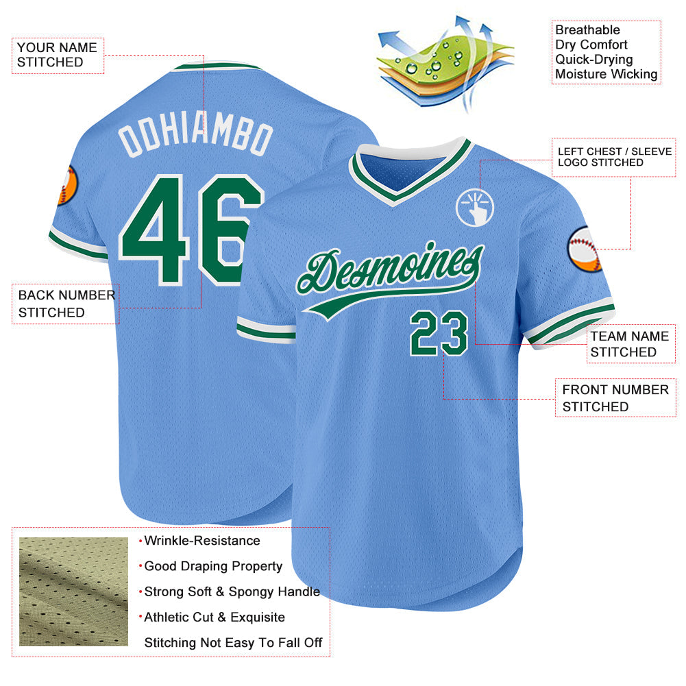 Custom Light Blue Kelly Green-White Authentic Throwback Baseball Jersey view 3