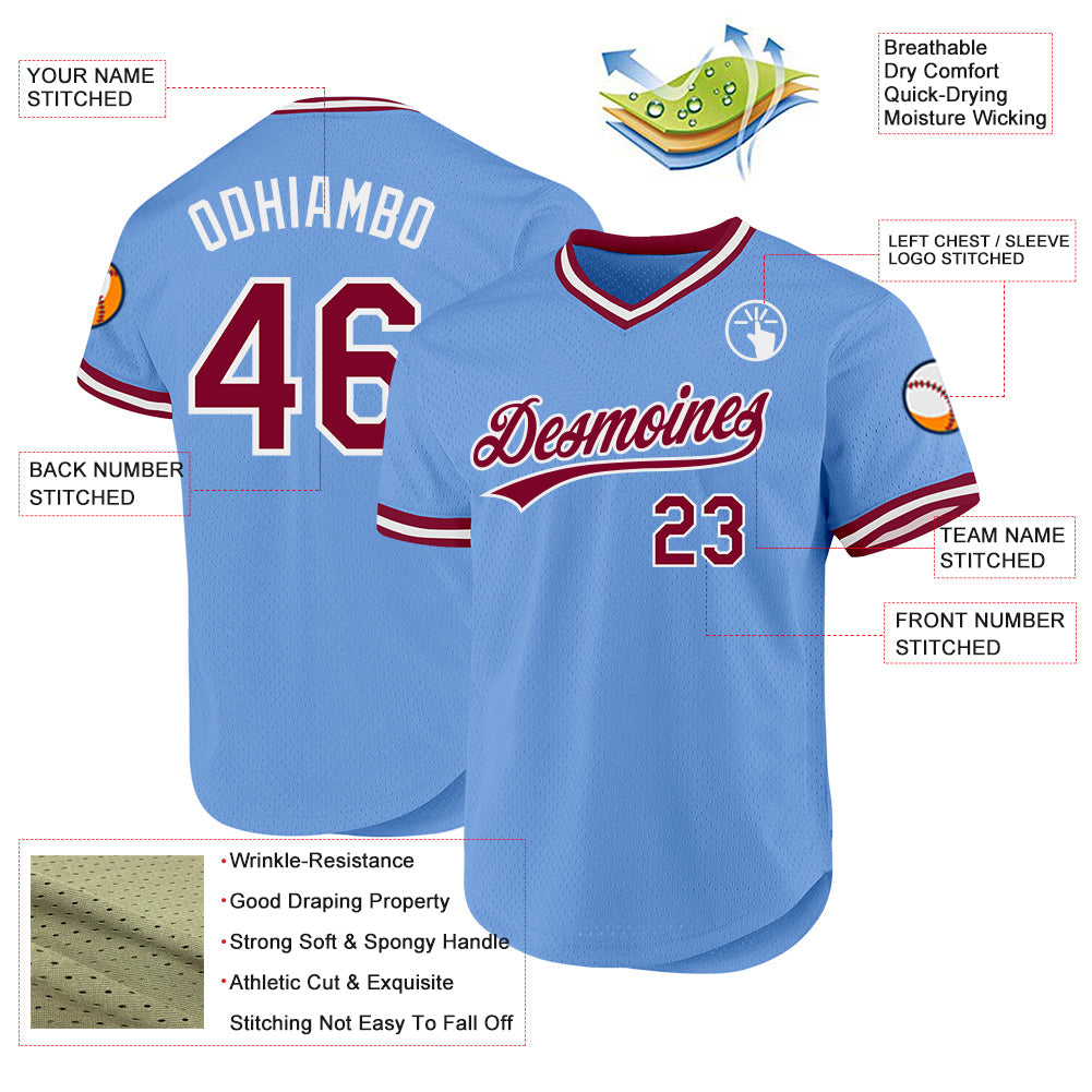 Custom Light Blue Maroon-White Authentic Throwback Baseball Jersey view 3