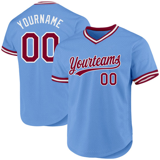 Custom Light Blue Maroon-White Authentic Throwback Baseball Jersey - Main View
