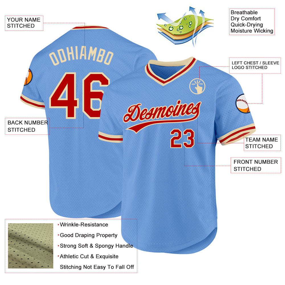 Custom Light Blue Red-Cream Authentic Throwback Baseball Jersey view 3