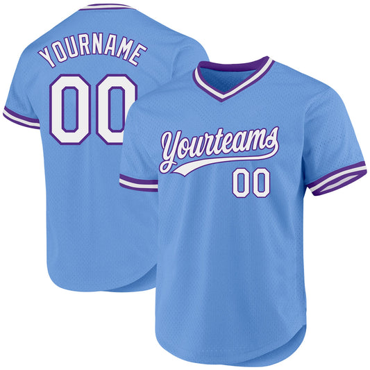 Custom Light Blue White-Purple Authentic Throwback Baseball Jersey - Main View