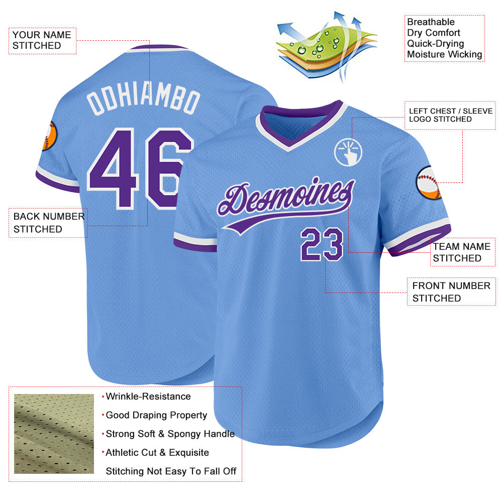 Custom Light Blue Purple-White Authentic Throwback Baseball Jersey view 3