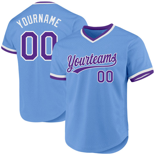 Custom Light Blue Purple-White Authentic Throwback Baseball Jersey - Main View
