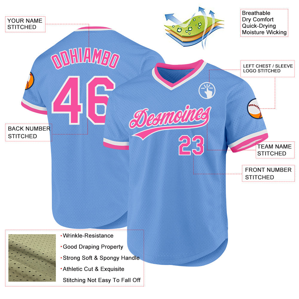 Custom Light Blue Pink-White Authentic Throwback Baseball Jersey view 3