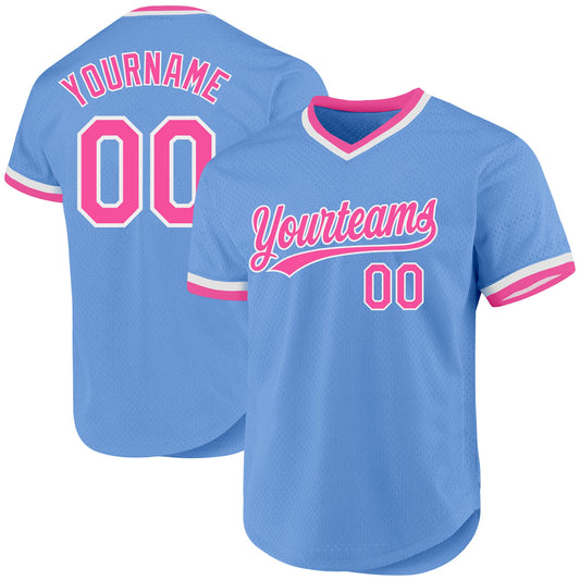 Custom Light Blue Pink-White Authentic Throwback Baseball Jersey - Main View
