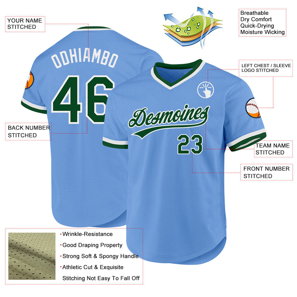 Custom Light Blue Green-White Authentic Throwback Baseball Jersey view 3