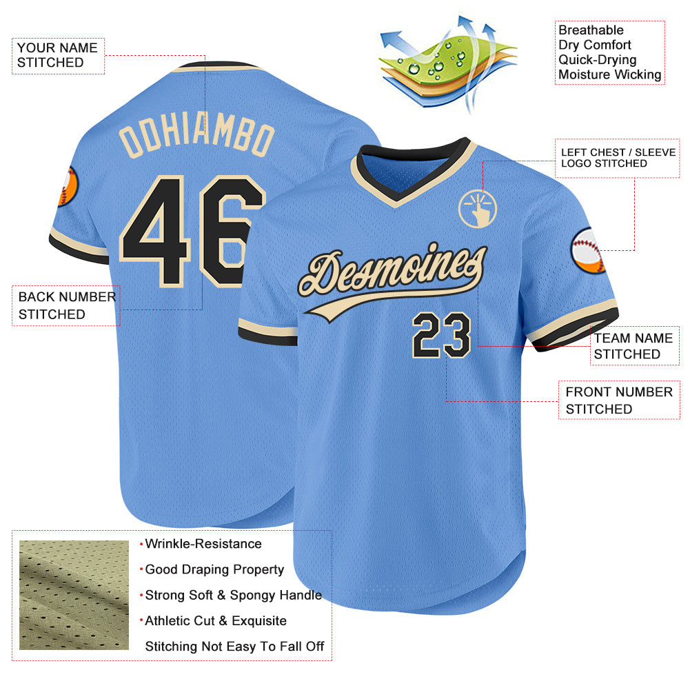 Custom Light Blue Black-Cream Authentic Throwback Baseball Jersey view 3