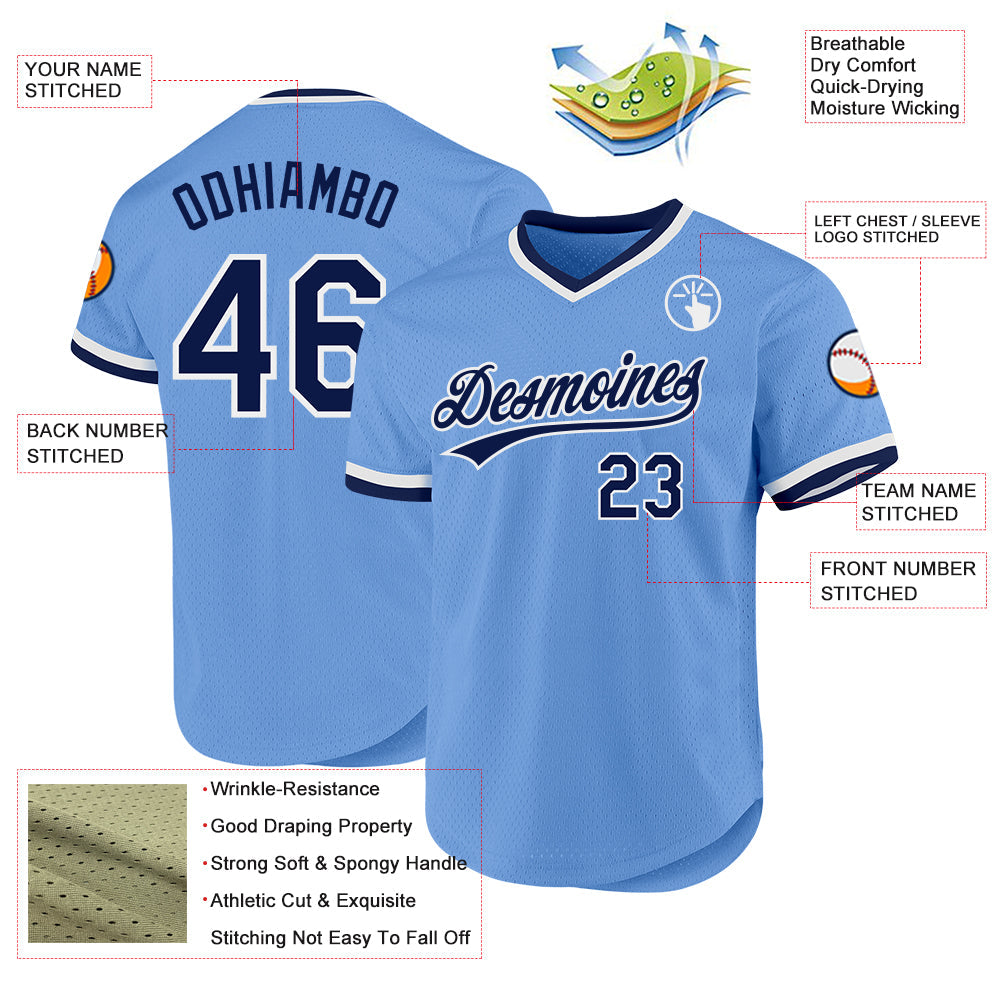 Custom Light Blue Navy-White Authentic Throwback Baseball Jersey view 3