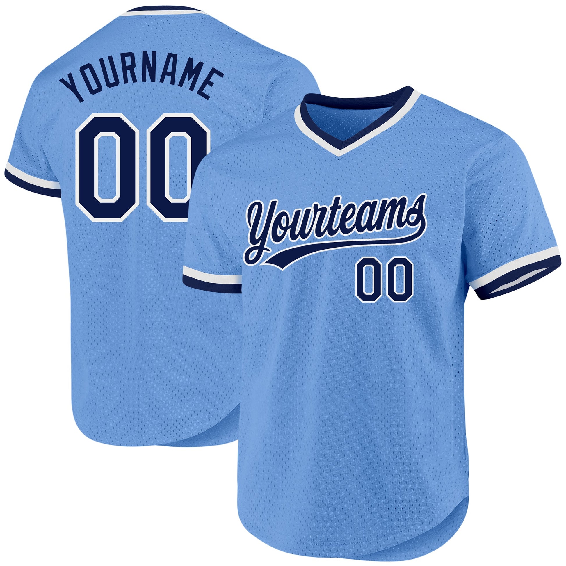 Custom Light Blue Navy-White Authentic Throwback Baseball Jersey - Main View
