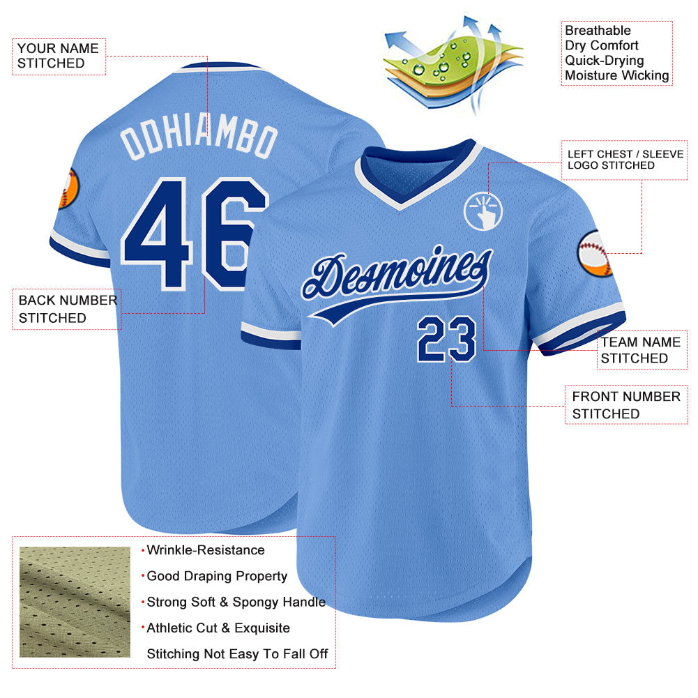 Custom Light Blue Royal-White Authentic Throwback Baseball Jersey view 3