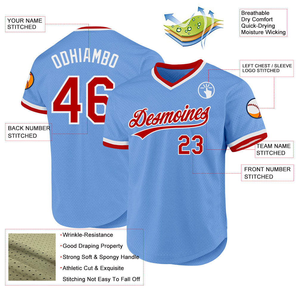 Custom Light Blue Red-White Authentic Throwback Baseball Jersey view 3