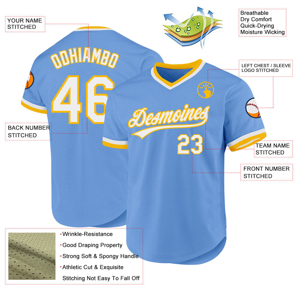 Custom Light Blue White-Gold Authentic Throwback Baseball Jersey view 3