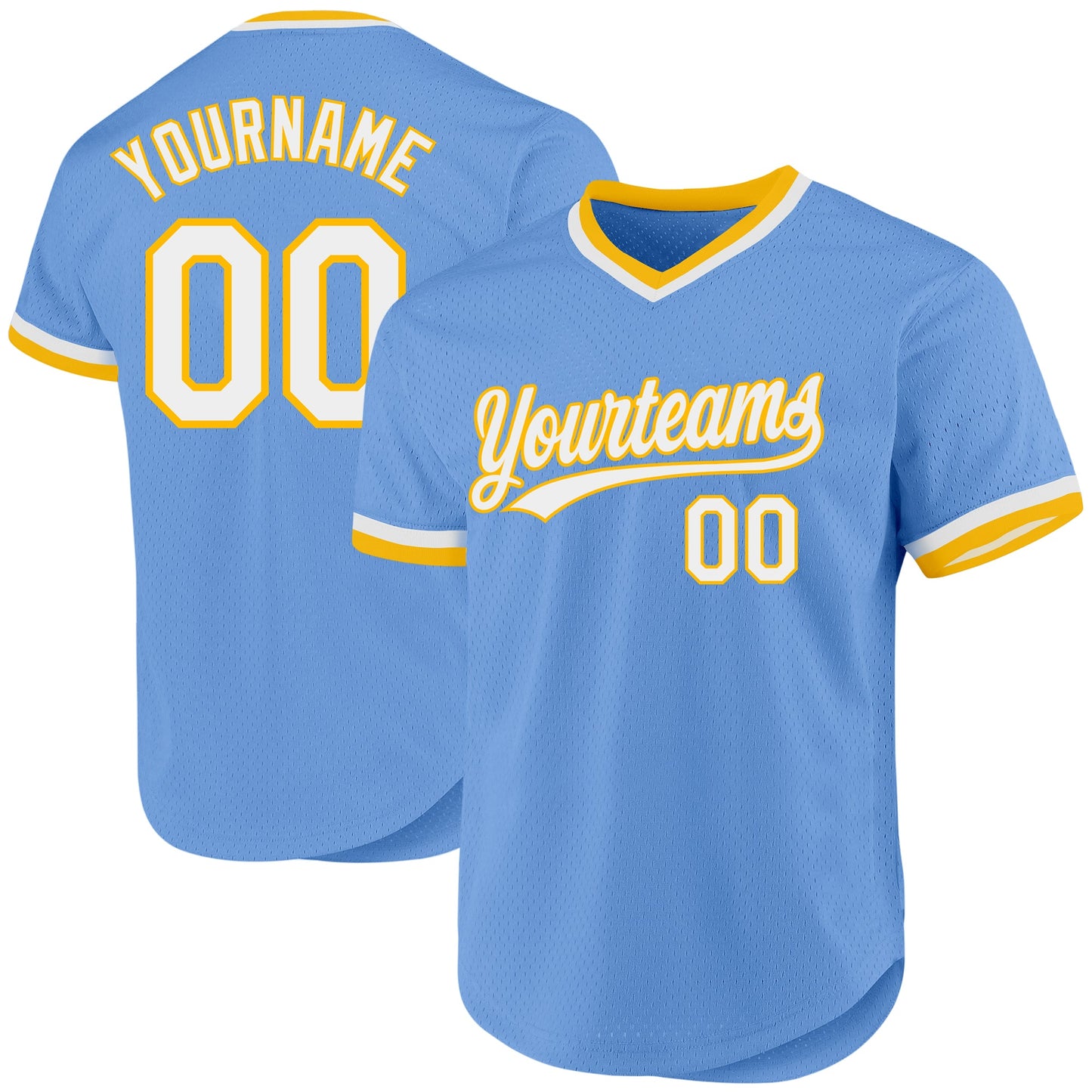 Custom Light Blue White-Gold Authentic Throwback Baseball Jersey - Main View