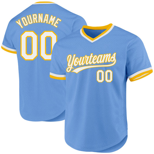 Custom Light Blue White-Gold Authentic Throwback Baseball Jersey - Main View
