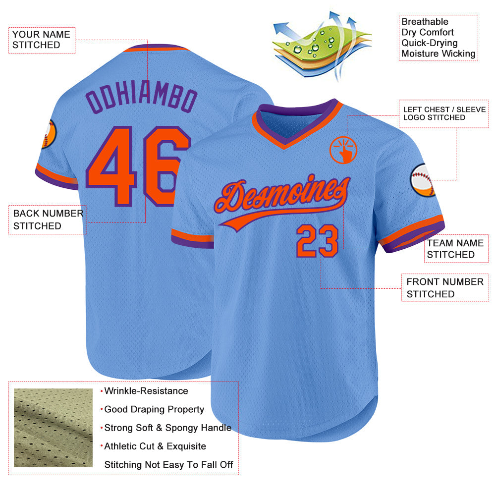 Custom Light Blue Orange-Purple Authentic Throwback Baseball Jersey view 3