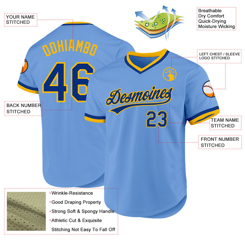 Custom Light Blue Royal-Gold Authentic Throwback Baseball Jersey view 3