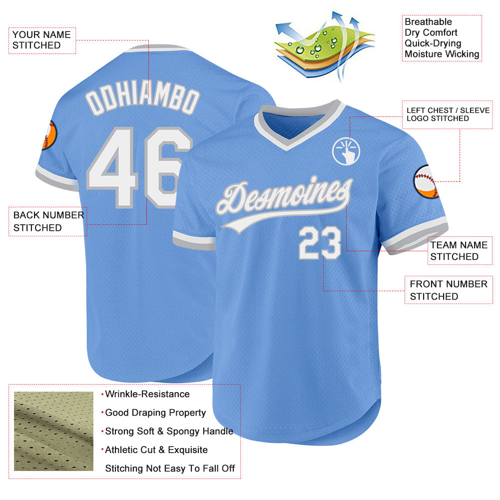 Custom Light Blue White-Gray Authentic Throwback Baseball Jersey view 3