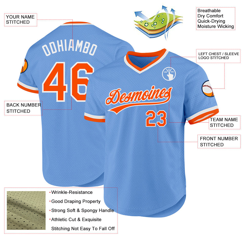 Custom Light Blue Orange-White Authentic Throwback Baseball Jersey view 3