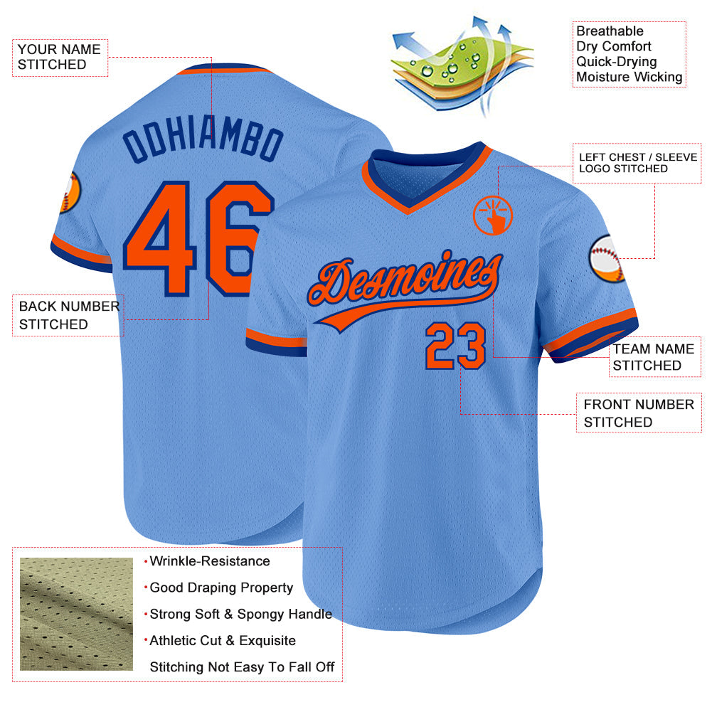 Custom Light Blue Orange-Royal Authentic Throwback Baseball Jersey view 3
