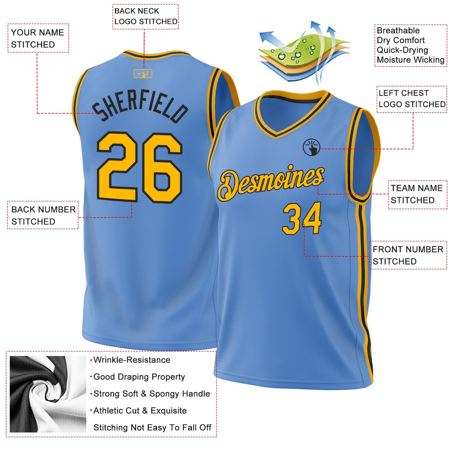 Custom Light Blue Gold-Black Authentic Throwback Basketball Jersey view 3