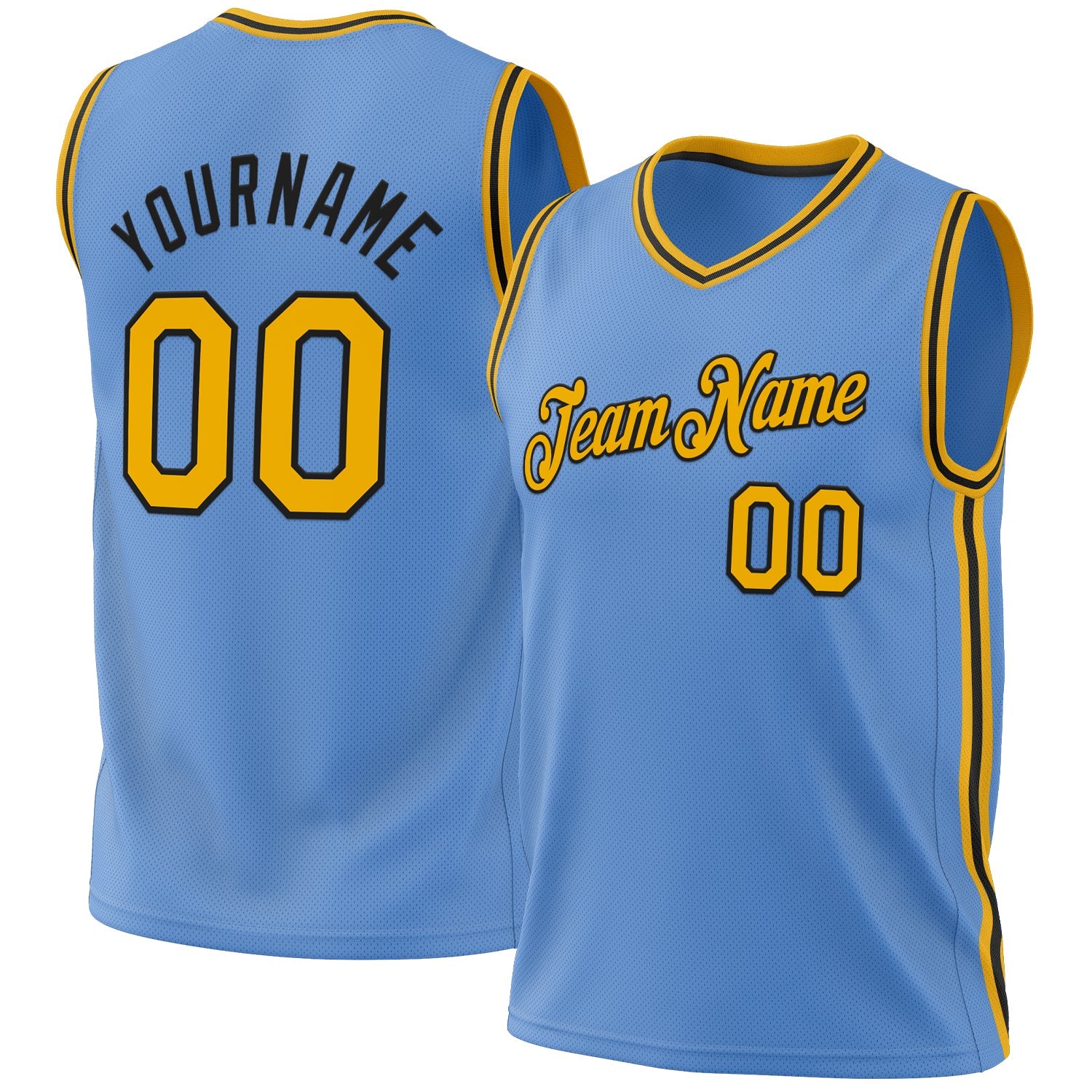 Custom Light Blue Gold-Black Authentic Throwback Basketball Jersey - Main View