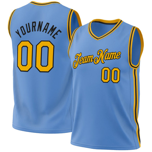 Custom Light Blue Gold-Black Authentic Throwback Basketball Jersey - Main View